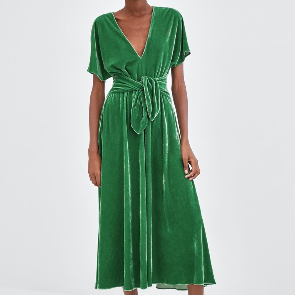Zara Green Velvet Tie Dress Midi Size S